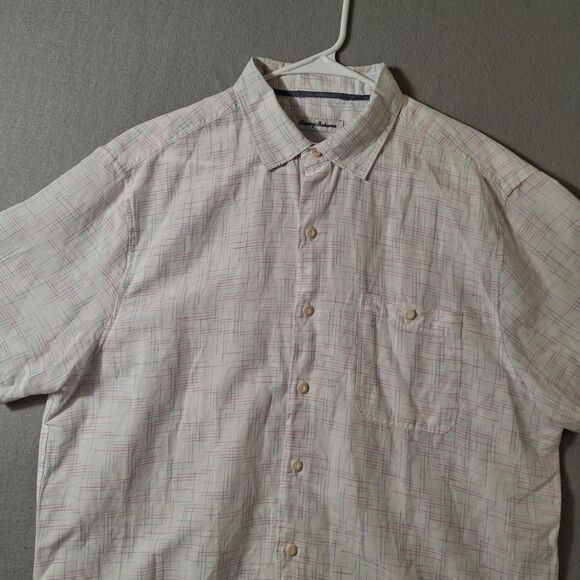 Tommy Bahama Shirt Mens Large White Linen Blend Button Up Plaid Island Zone - Picture 2 of 7